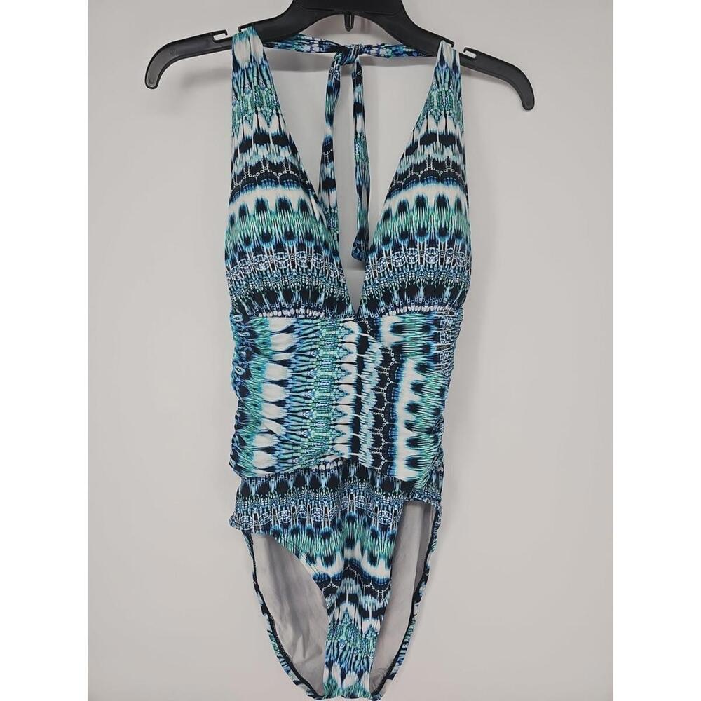 La Blanca Twist Front Swimsuit 12 Blue Ruched Control One Piece Geometric Print